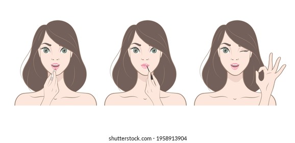 Beautiful Brunette woman. Make up. Happy girl  applying lipstick on her lips. Vector illustration