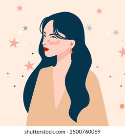 A beautiful brunette woman on a background of stars. Vector illustration for zodiac signs. A boho-style girl. The signs of the zodiac. Stylish accessories. Stars pattern. New Year among the lights