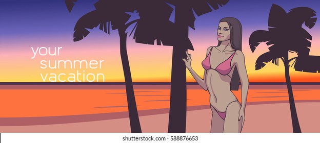 Beautiful brunette woman in a pink bikini on summer sea beach with palm trees at dusk. Holiday, vacation. Vector illustration, clip-art.
