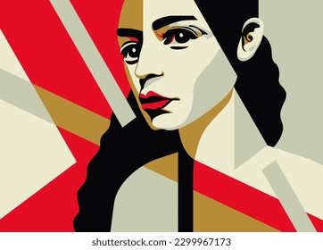 Hermoso retrato de una mujer morena de estilo Art Deco de los años 20 en decoración abstracta angular geométrica