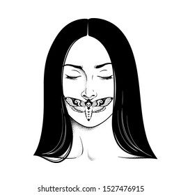 Beautiful brunette woman portrait with closed eyes an moth on her lips line art and dot work print or tattoo design vector illustration