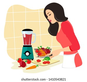 Beautiful brunette woman prepares a vegetable cocktail. Vegetable detox. Vector illustration on white background.
