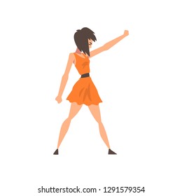 Beautiful brunette woman raising fist, symbol of feminism, fighting, freedom, protest concept, female power and rights vector Illustration