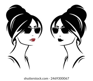 beautiful brunette woman with red lips, black hair bun and curtain bang wearing sunglasses vector handdrawn portrait