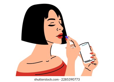 Beautiful brunette woman takes pill and drinks water vector isolated. Health care concept, take your medication. Disease prevention.