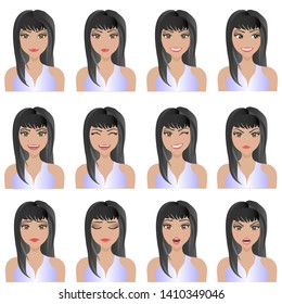Beautiful brunette woman with twelve different facial expressions