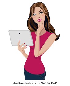 Beautiful brunette woman wearing red shirt is using a touch pad tablet portable computer. Young woman holds touch pad and thinks (or dreams). Girl with a tablet on a white background.