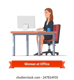 Beautiful brunette woman working on a desktop at the modern office table. Flat style illustration or icon. EPS 10 vector. 