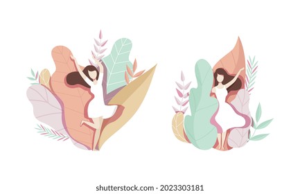 Beautiful Brunette Women in Plants and Flowers in Pastel Colors Set Vector Illustration