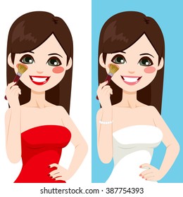Beautiful brunette young woman applying blush with brush in two different color version isolated on white and blue background