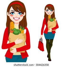 Beautiful brunette young woman carrying grocery paper shopping bag with healthy vegetables and food