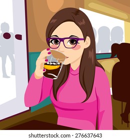 Beautiful brunette young woman with glasses drinking cold beverage sitting on restaurant table