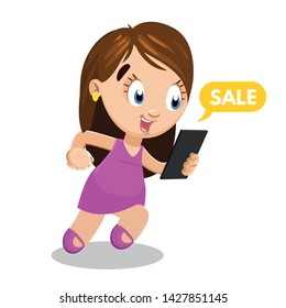 Beautiful brunette young woman running to shop with tablet or smartphone in hand. Comic female character in sale rush. Vector cartoon illustration isolated on white background.