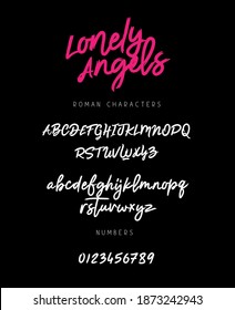 Beautiful brush font made by hands. Lettering. Letters and numbers. The English alphabet on a black background. Vector illustration.