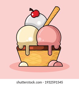 Beautiful bucket of ice cream scoops with waffle 