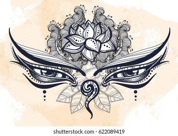 Beautiful Buddha eyes of the Nepal ornate with floral elements. The symbol of wisdom. High-detailed vector art over the watercolor background
