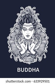 Beautiful Buddha face with hands over high-detailed floral decoration. Isolated vector illustration. Sign for tattoo, textile print, mascots and amulets.