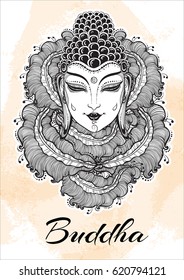 Beautiful Buddha face over high-detailed decorative floral elements. Engraved vector illustration on watercolor background. Spiritual and religious motives