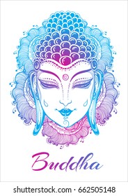 Beautiful Buddha face over high-detailed decorative floral elements. Colorful outline artwork isolated. Spiritual and religious motif. Indian, Thai, prints, posters, t-shirts.