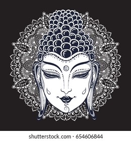 Beautiful Buddha face over the Mandala, round ornament pattern. Vector decorative ethnic artwork. India, Thai, buddhism and religious motifs, tattoo art. Use for print, posters, t-shirts, textiles.