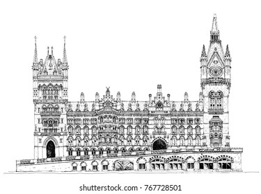 Beautiful building of St. Pancras railway station, London. Sketch collection