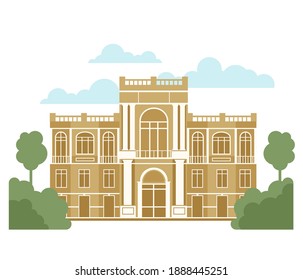 
Ein schönes Gebäude, umgeben von Bäumen. Der Bau des Theaters, Landgut. Hochwertige, flach gezeichnete Illustration