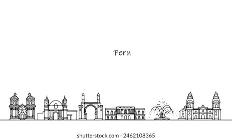 Beautiful buildings that you can see while walking around Peru. Black and white illustration with the architecture of a South American country. Vector.