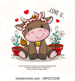 Beautiful Bull With Flower And Love Heart, Cute Cartoon Illustration