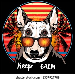 A beautiful bull terrier with glasses.  Vector illustration with thoroughbred dog. Hipster. For coloring book, t-shirts, tattoo art, design, posters, textiles. Isolated vector illustration.