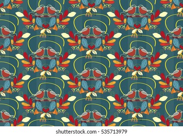Beautiful bullfinch vector pattern. Gorgeous leaves, mushrooms, birds  seamless illustration. Good for textile, design, backgrounds. Autumn. Winter