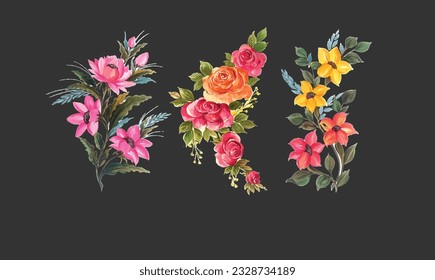 beautiful bunch floral set vector illustration, nature flowers vector art, pink, yellow , red