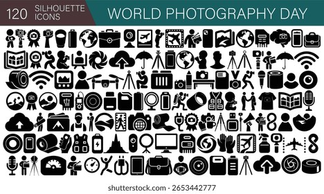 Bundle bonito de 120 ícones da silhueta do dia da fotografia mundial - conjunto de design de vetor preto mínimo, apresentando câmera, tripé, estúdio, lente, flash e elementos da fotografia para o projeto gráfico criativo
