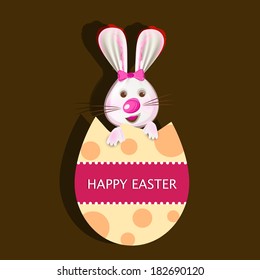 Beautiful bunny coming out from a colorful decorated egg on brown background, can be use as flyer, banner or poster. 