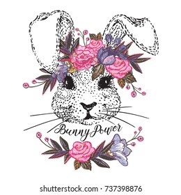 Beautiful bunny with floral vintage embroidery wreath frame vector illustration. Cute happy easter day invitation card in watercolor style isolated on white background