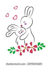 Beautiful bunny with her child kids drawing isolated on white background - vector illustration