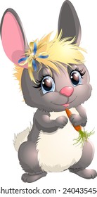 beautiful Bunny holds in paws a carrot on a white background