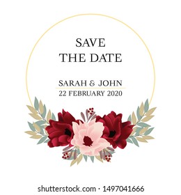 Beautiful burgundy floral save the date card template with flower circle decoration
