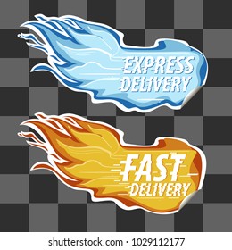 A beautiful burning banner with the inscription fast delivery. A signboard of fire.