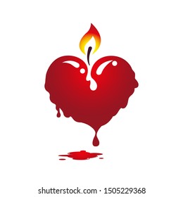 beautiful burning candle in the shape of a red heart melts beautifully on a white background. Vector 