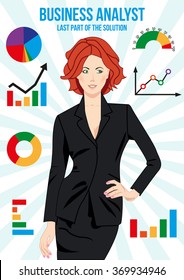 Beautiful business analyst woman surrounded with different charts. Bar chart. Pie chart. Line chart. Bench chart. Doughnut chart. Combo chart. Half gauge.