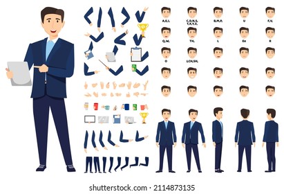 Beautiful business character set front, side, back view animated character creation set with various views, face emotions, poses and gestures lip sync for mouth animation posing