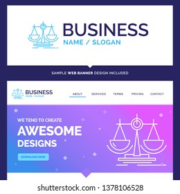 Beautiful Business Concept Brand Name Balance, decision, justice, law, scale Logo Design and Pink and Blue background Website Header Design template. Place for Slogan / Tagline. Exclusive Website bann