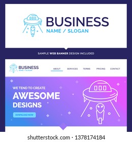 Beautiful Business Concept Brand Name alien, space, ufo, spaceship, mars Logo Design and Pink and Blue background Website Header Design template. Place for Slogan / Tagline. Exclusive Website banner a