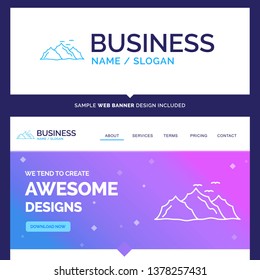 Beautiful Business Concept Brand Name mountain, landscape, hill, nature, birds Logo Design and Pink and Blue background Website Header Design template. Place for Slogan / Tagline. Exclusive Website ba