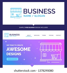 Beautiful Business Concept Brand Name shop, store, market, building, shopping Logo Design and Pink and Blue background Website Header Design template. Place for Slogan / Tagline. Exclusive Website ban