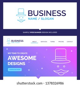 Beautiful Business Concept Brand Name moustache, Hipster, movember, hat, men Logo Design and Pink and Blue background Website Header Design template. Place for Slogan / Tagline. Exclusive Website bann