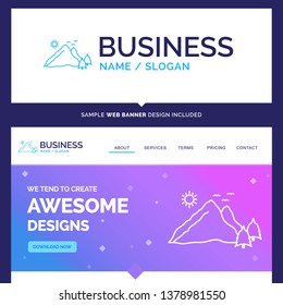 Beautiful Business Concept Brand Name mountain, landscape, hill, nature, scene Logo Design and Pink and Blue background Website Header Design template. Place for Slogan / Tagline. Exclusive Website ba