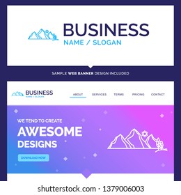 Beautiful Business Concept Brand Name hill, landscape, nature, mountain, scene Logo Design and Pink and Blue background Website Header Design template. Place for Slogan / Tagline. Exclusive Website ba