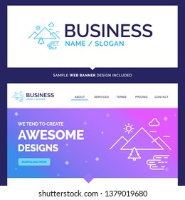 Beautiful Business Concept Brand Name Mountains, Nature, Outdoor, Clouds, Sun Logo Design and Pink and Blue background Website Header Design template. Place for Slogan / Tagline. Exclusive Website ban