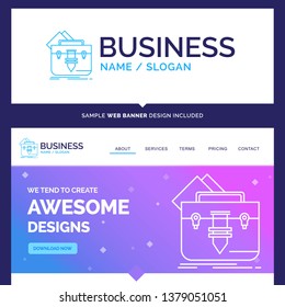 Beautiful Business Concept Brand Name portfolio, Bag, file, folder, briefcase Logo Design and Pink and Blue background Website Header Design template. Place for Slogan / Tagline. Exclusive Website ban